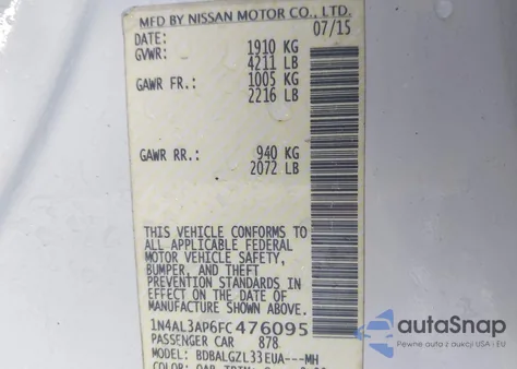 2015 Nissan Altima 2.5 S from USA, damaged, VIN 1N4AL3AP6FC476095